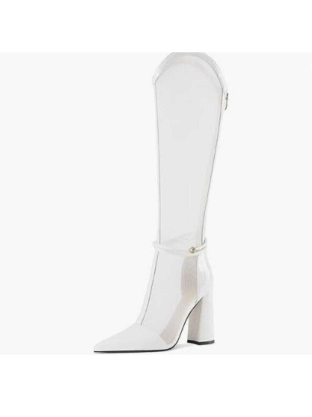 FSJ Women Elegant Pointed Toe Chunky High Heel Mesh Knee High Long Boots White